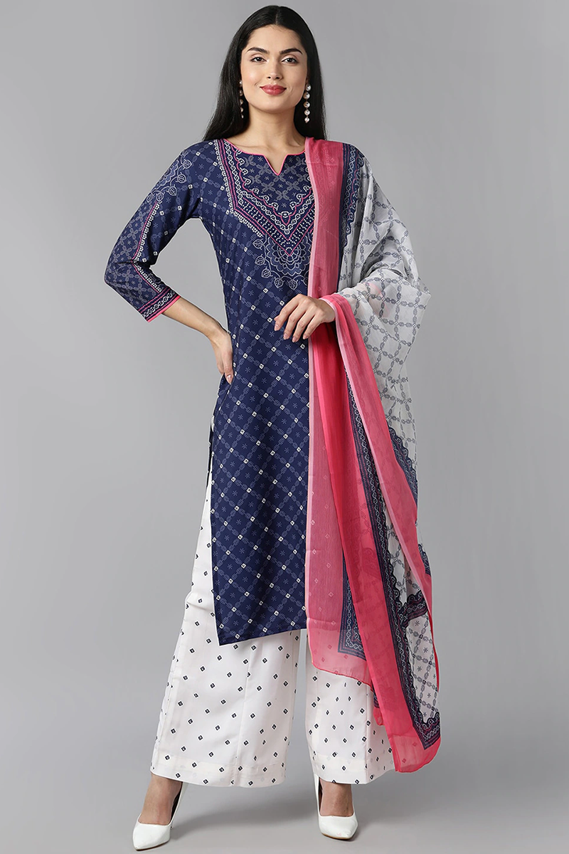 Women's Navy Blue Polyester Straight Kurta Palazzo With Dupatta - Rasiya - Distacart