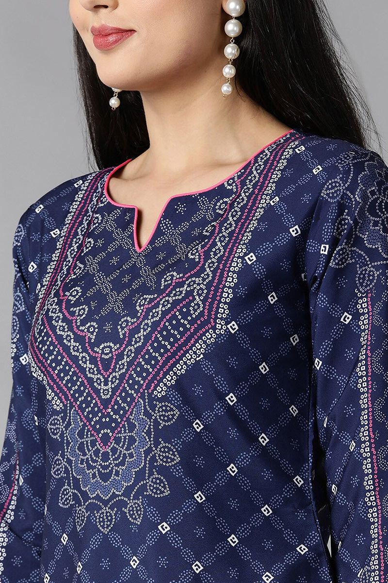 Women's Navy Blue Polyester Straight Kurta Palazzo With Dupatta - Rasiya - Distacart