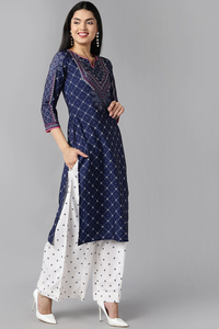 Thumbnail for Women's Navy Blue Polyester Straight Kurta Palazzo With Dupatta - Rasiya - Distacart