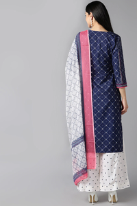 Thumbnail for Women's Navy Blue Polyester Straight Kurta Palazzo With Dupatta - Rasiya - Distacart