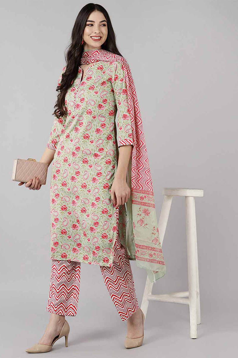 Women's Green Poly Crepe Paisley Print Suit Set - Rasiya - Distacart