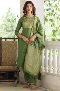 Thumbnail for Women's Green Poly Silk Solid Straight Suit Set - Rasiya - Distacart