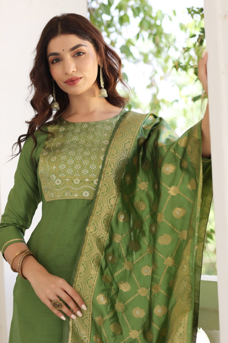 Women's Green Poly Silk Solid Straight Suit Set - Rasiya - Distacart