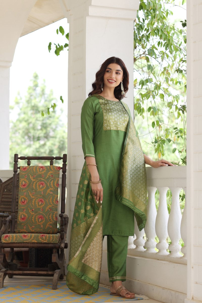 Women's Green Poly Silk Solid Straight Suit Set - Rasiya - Distacart