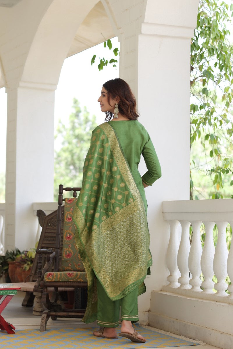 Women's Green Poly Silk Solid Straight Suit Set - Rasiya - Distacart