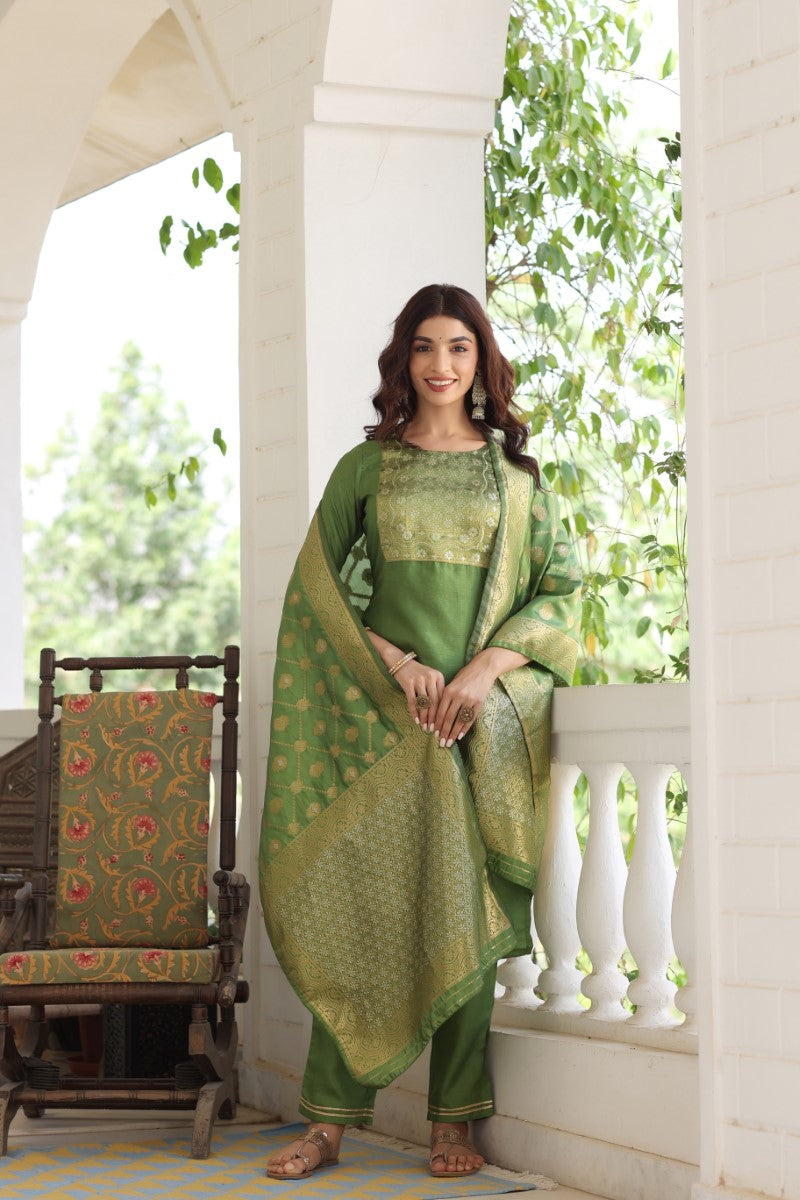 Women's Green Poly Silk Solid Straight Suit Set - Rasiya - Distacart