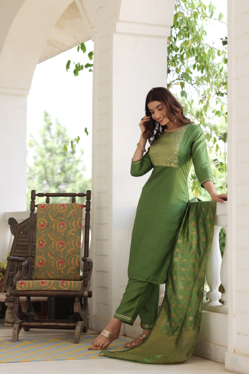 Women's Green Poly Silk Solid Straight Suit Set - Rasiya - Distacart