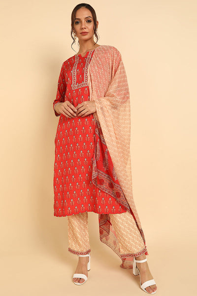 Women's Red Poly Crepe Ethnic Motifs Straight Suit Set - Rasiya - Distacart