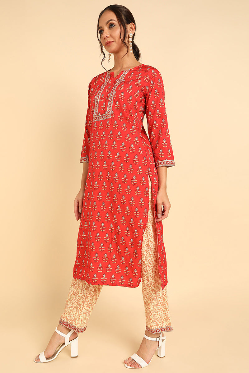 Women's Red Poly Crepe Ethnic Motifs Straight Suit Set - Rasiya - Distacart