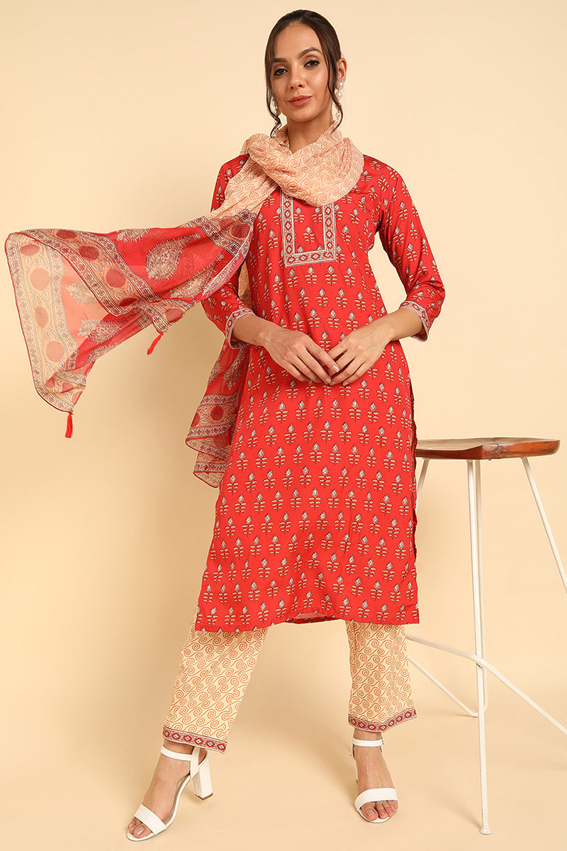 Women's Red Poly Crepe Ethnic Motifs Straight Suit Set - Rasiya - Distacart