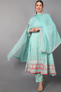 Thumbnail for Women's Sea Green Poly Crepe Abstract Print Anarkali Suit Set - Rasiya - Distacart