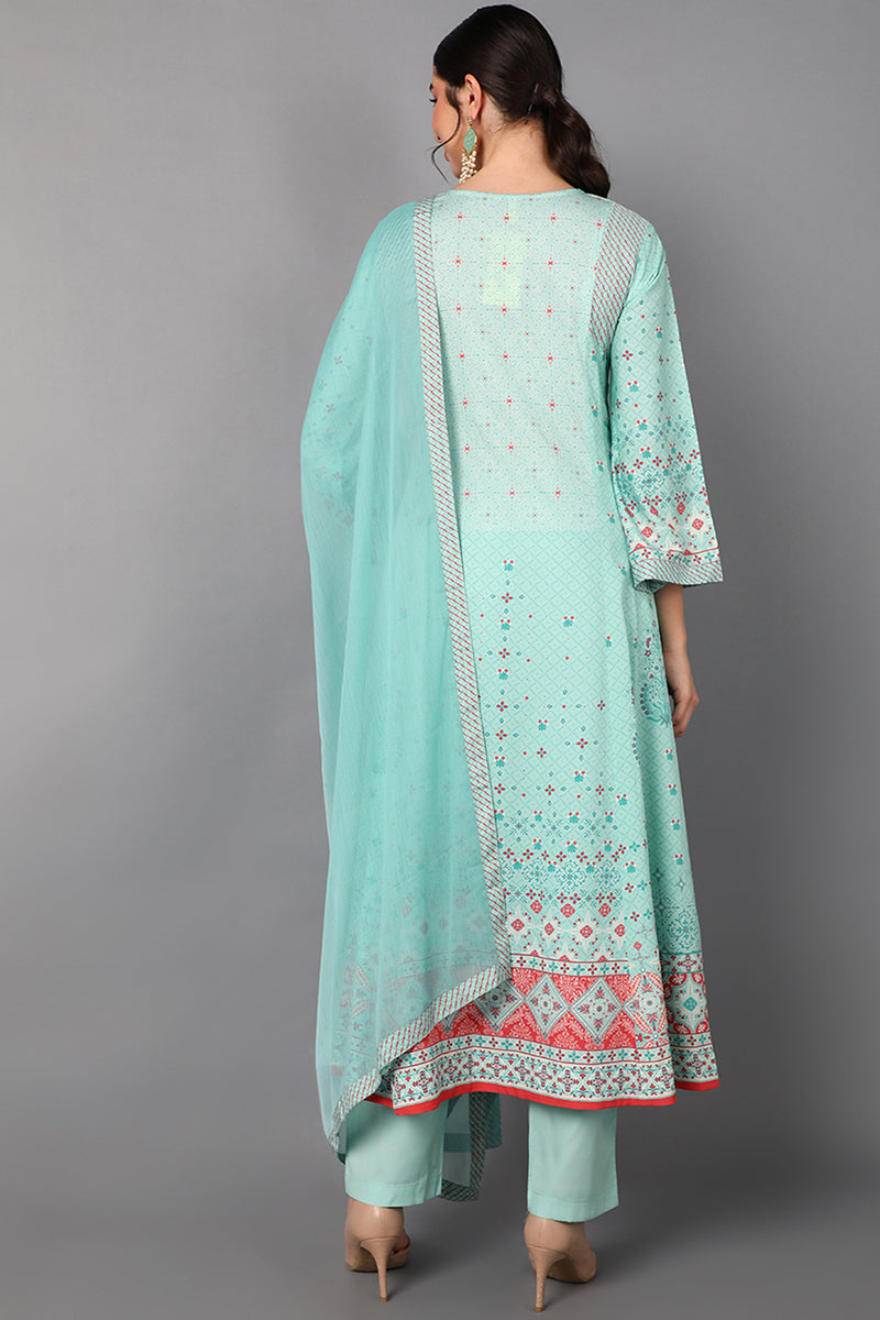 Women's Sea Green Poly Crepe Abstract Print Anarkali Suit Set - Rasiya - Distacart