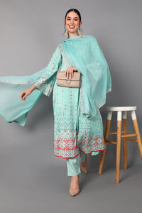 Thumbnail for Women's Sea Green Poly Crepe Abstract Print Anarkali Suit Set - Rasiya - Distacart