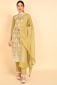 Thumbnail for Women's Khaki Poly Silk Embroidered Straight Suit Set - Rasiya - Distacart