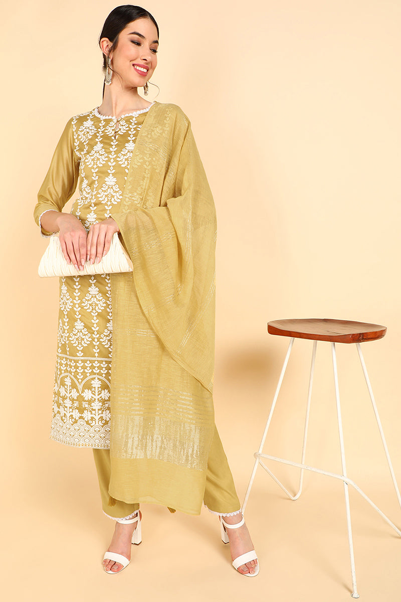 Women's Khaki Poly Silk Embroidered Straight Suit Set - Rasiya - Distacart
