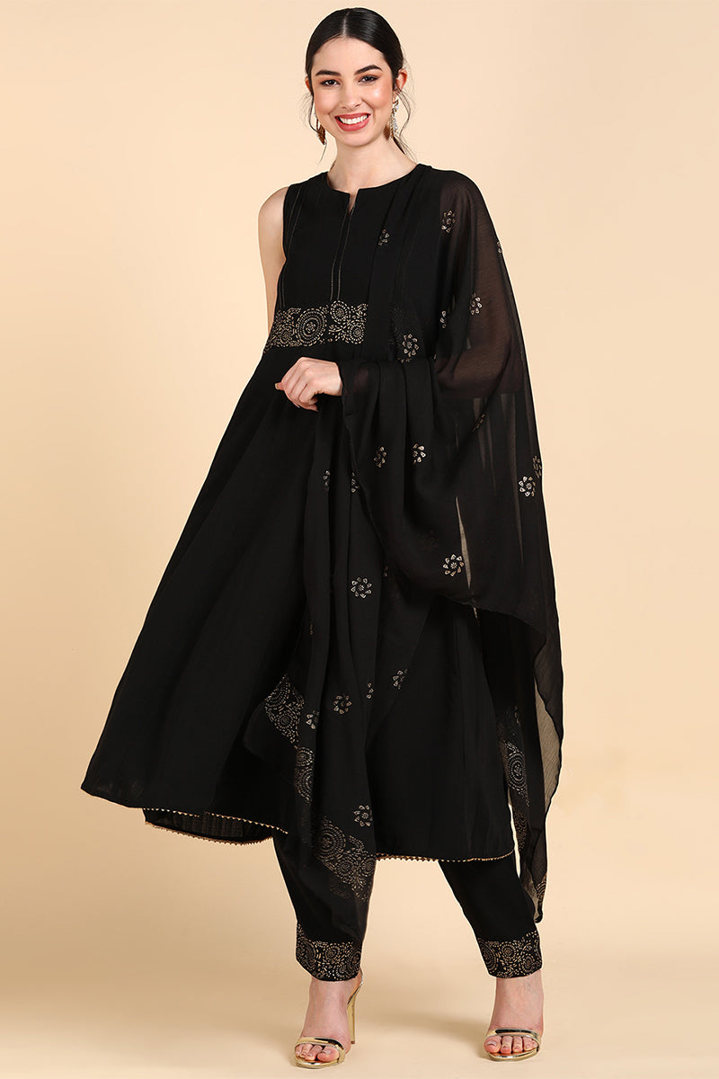 Women's Black Poly Silk Anarkali Suit Set - Rasiya - Distacart