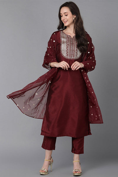 Women's Maroon Poly Silk Solid Yoke Design Kurta Trousers With Dupatta - Rasiya - Distacart