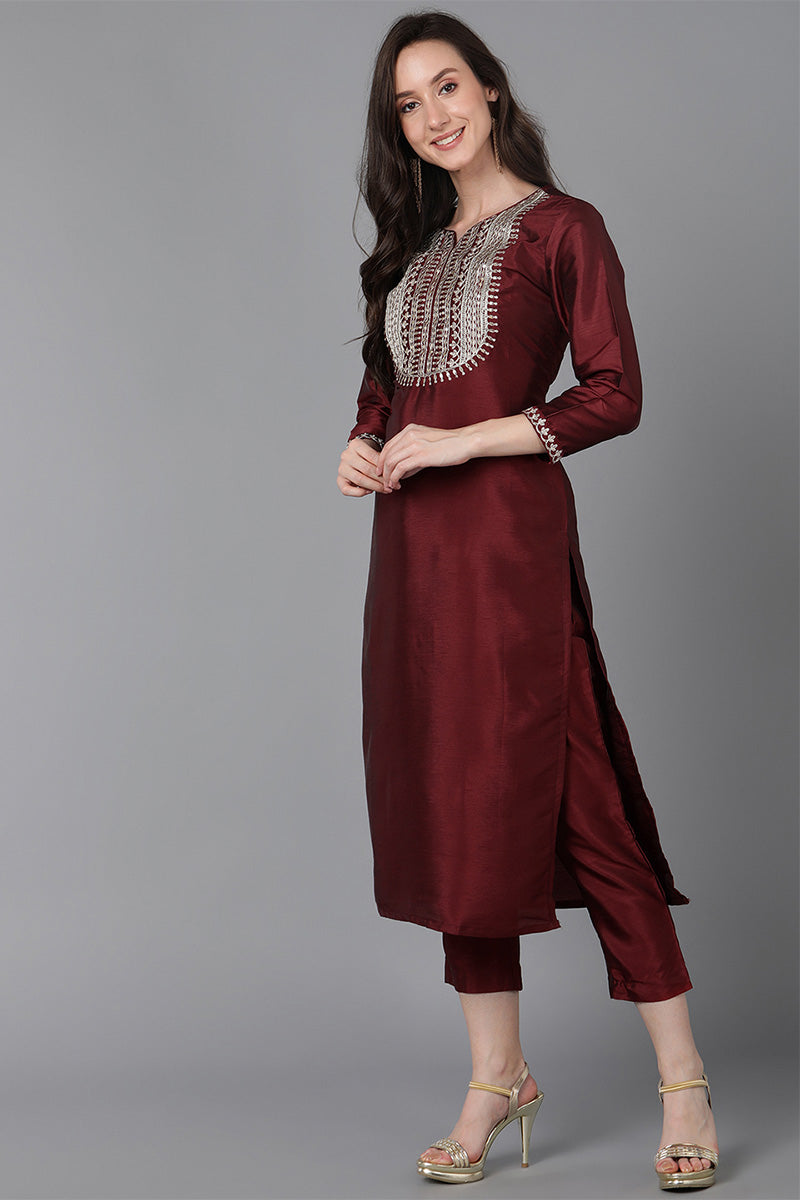 Women's Maroon Poly Silk Solid Yoke Design Kurta Trousers With Dupatta - Rasiya - Distacart