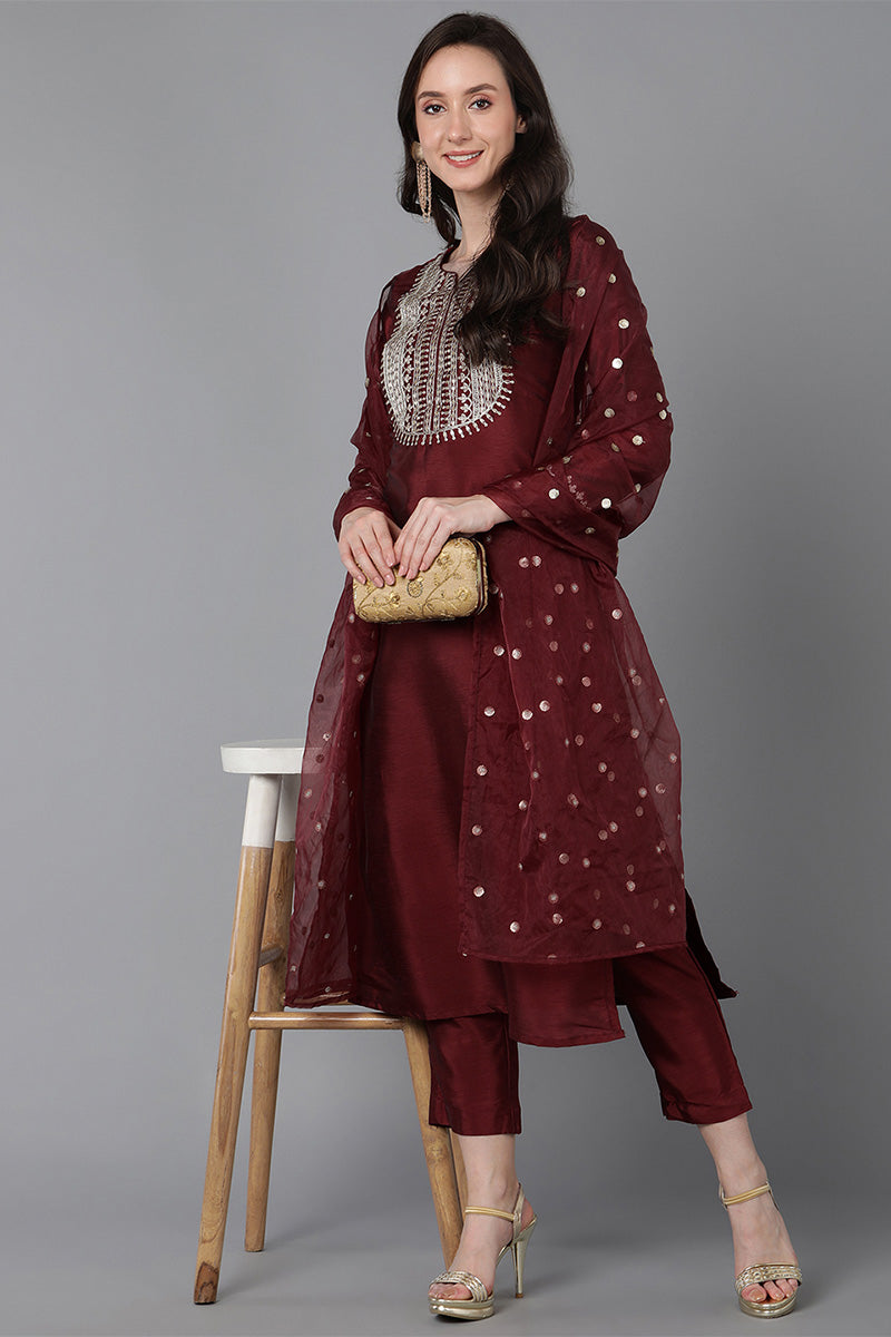 Women's Maroon Poly Silk Solid Yoke Design Kurta Trousers With Dupatta - Rasiya - Distacart