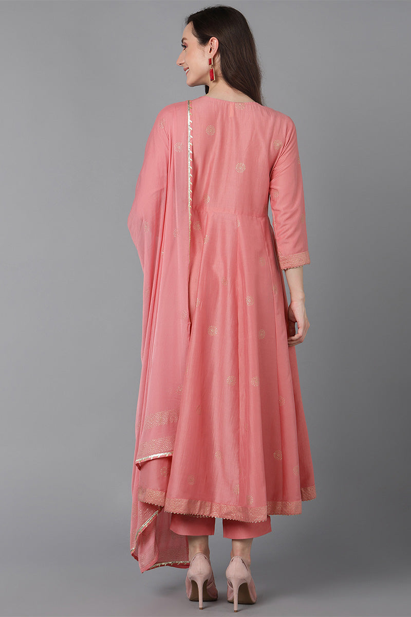 Women's Pink Poly Silk Solid Kurta Trousers With Dupatta - Rasiya - Distacart