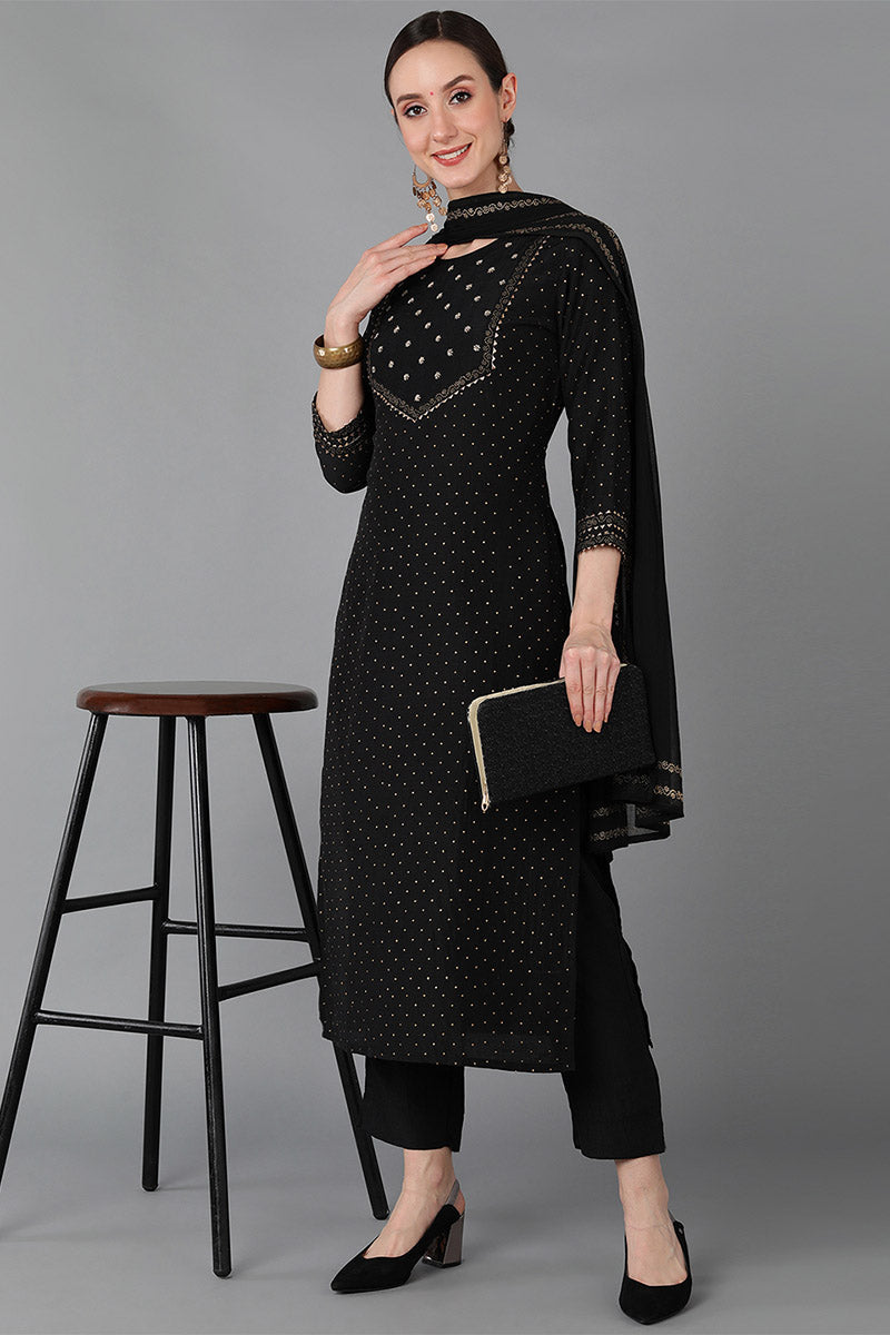 Women's Black Silk Blend Yoke Design Kurta Trousers With Dupatta - Rasiya - Distacart