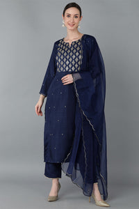 Thumbnail for Women's Navy Blue Silk Blend Yoke Design Solid Kurta Trousers With Dupatta - Rasiya - Distacart