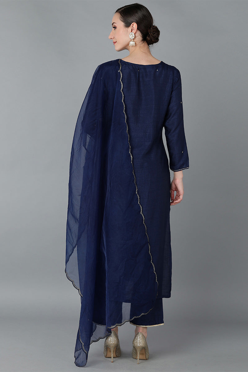Women's Navy Blue Silk Blend Yoke Design Solid Kurta Trousers With Dupatta - Rasiya - Distacart