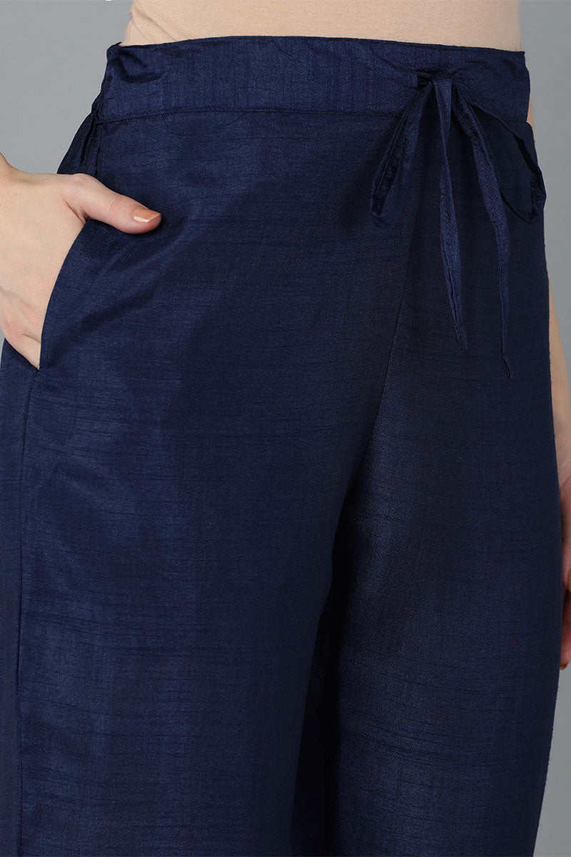 Women's Navy Blue Silk Blend Yoke Design Solid Kurta Trousers With Dupatta - Rasiya - Distacart