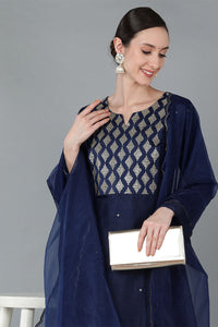 Thumbnail for Women's Navy Blue Silk Blend Yoke Design Solid Kurta Trousers With Dupatta - Rasiya - Distacart