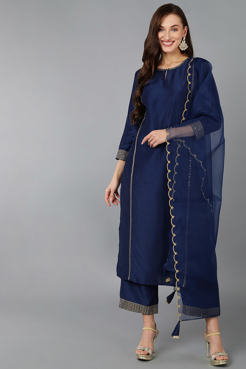 Women's Navy Blue Silk Blend Solid Straight Kurta Trousers With Dupatta - Rasiya - Distacart