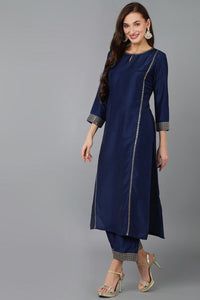 Thumbnail for Women's Navy Blue Silk Blend Solid Straight Kurta Trousers With Dupatta - Rasiya - Distacart