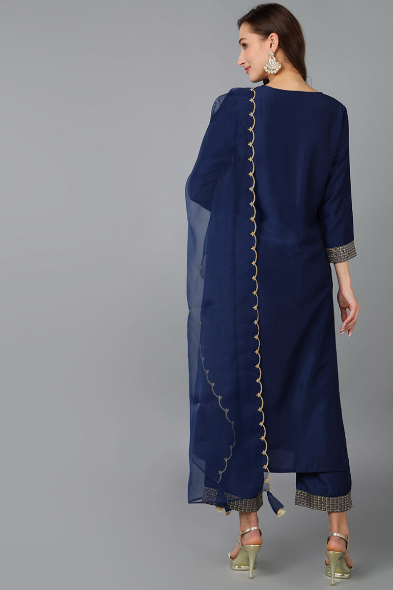 Women's Navy Blue Silk Blend Solid Straight Kurta Trousers With Dupatta - Rasiya - Distacart