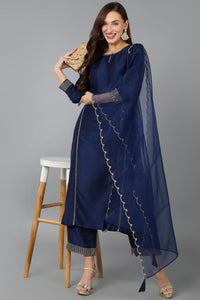 Thumbnail for Women's Navy Blue Silk Blend Solid Straight Kurta Trousers With Dupatta - Rasiya - Distacart