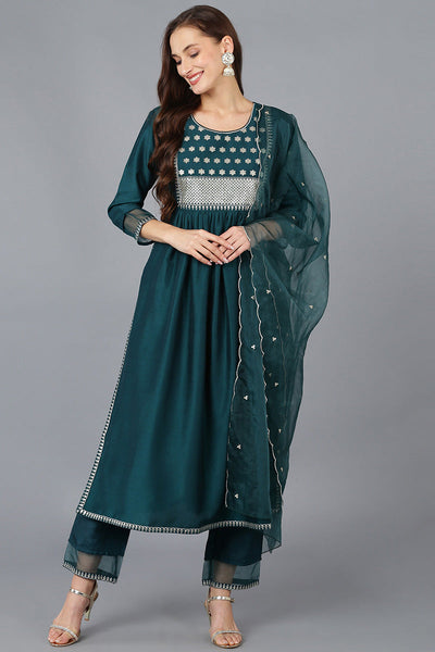 Women's Teal Silk Blend Solid A-Line Kurta Trousers With Dupatta - Rasiya - Distacart