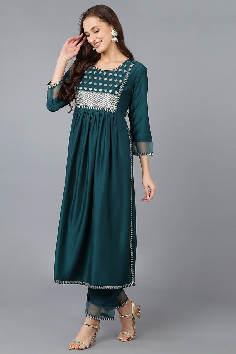 Women's Teal Silk Blend Solid A-Line Kurta Trousers With Dupatta - Rasiya - Distacart