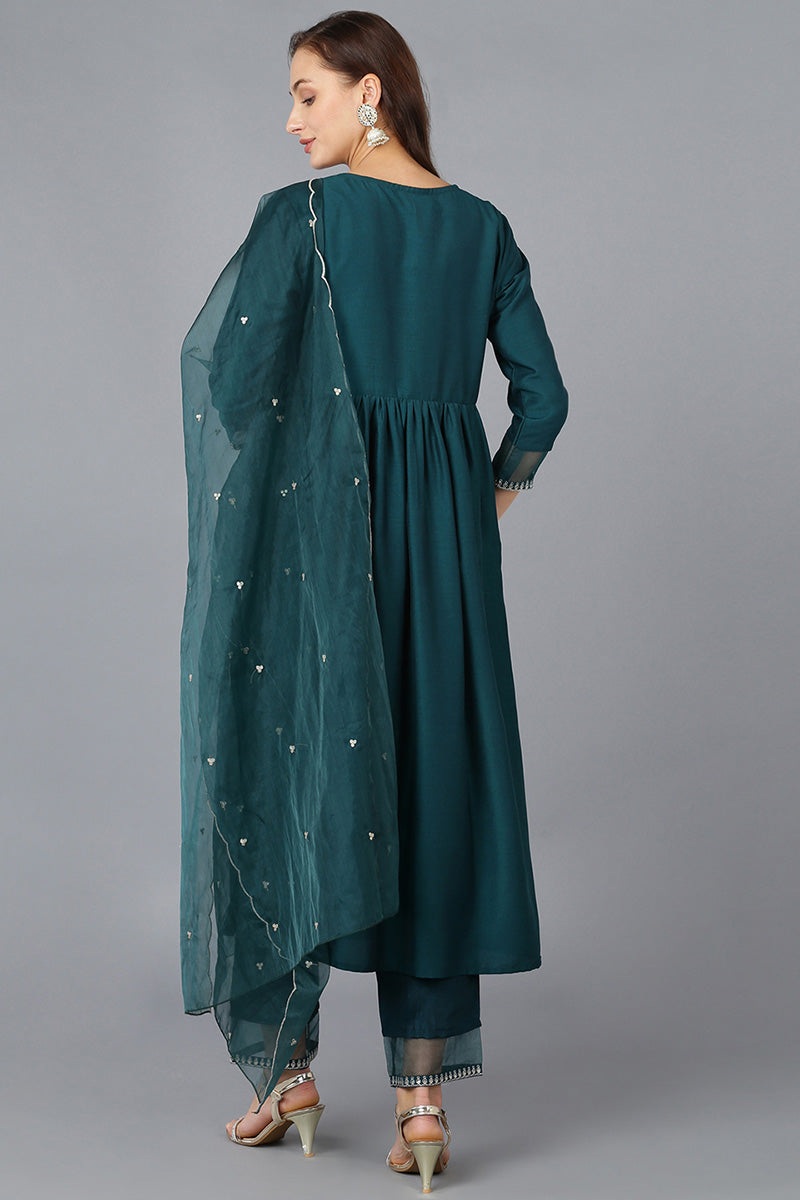 Women's Teal Silk Blend Solid A-Line Kurta Trousers With Dupatta - Rasiya - Distacart