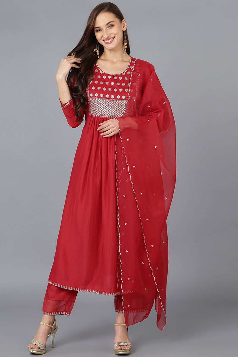 Women's Red Silk Blend Solid A-Line Kurta Trousers With Dupatta - Rasiya - Distacart