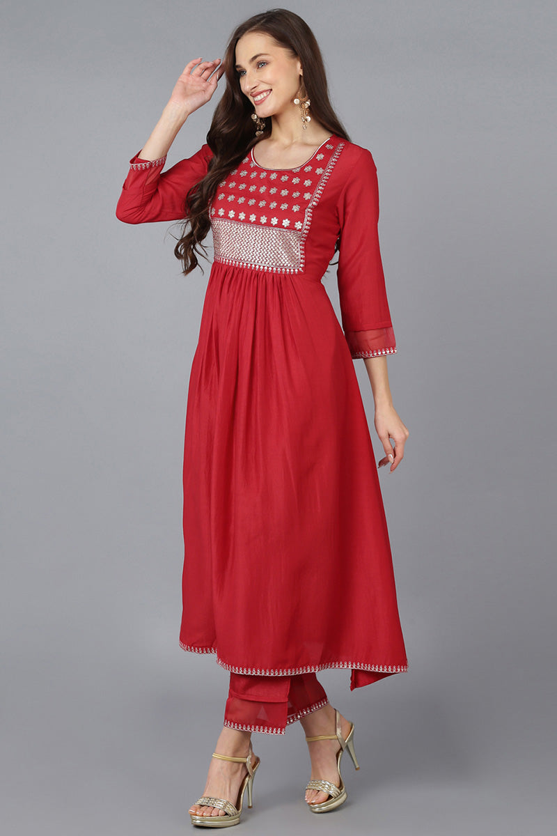 Women's Red Silk Blend Solid A-Line Kurta Trousers With Dupatta - Rasiya - Distacart