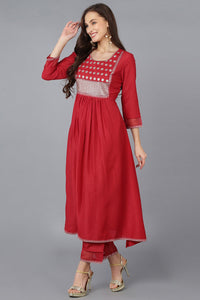 Thumbnail for Women's Red Silk Blend Solid A-Line Kurta Trousers With Dupatta - Rasiya - Distacart