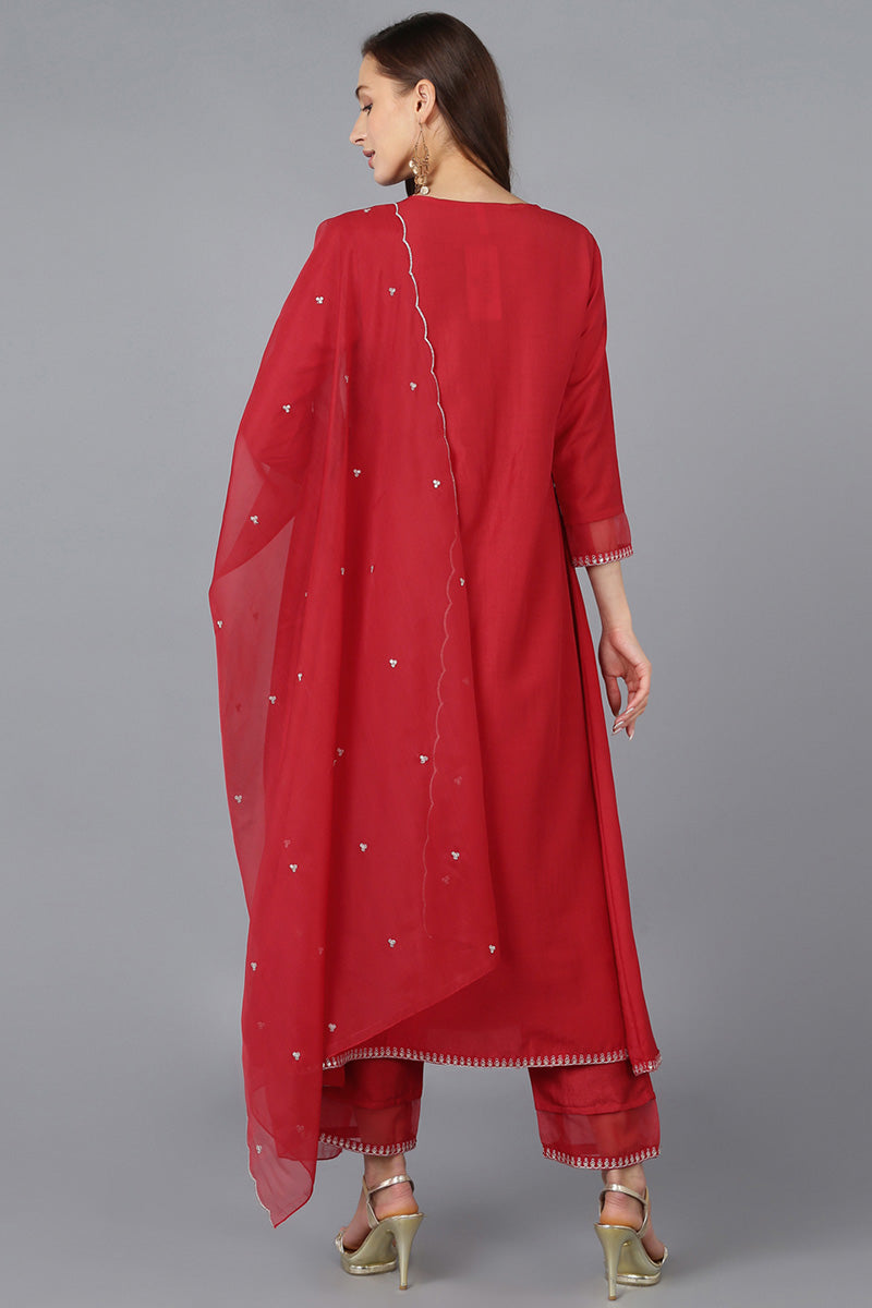 Women's Red Silk Blend Solid A-Line Kurta Trousers With Dupatta - Rasiya - Distacart