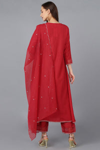 Thumbnail for Women's Red Silk Blend Solid A-Line Kurta Trousers With Dupatta - Rasiya - Distacart