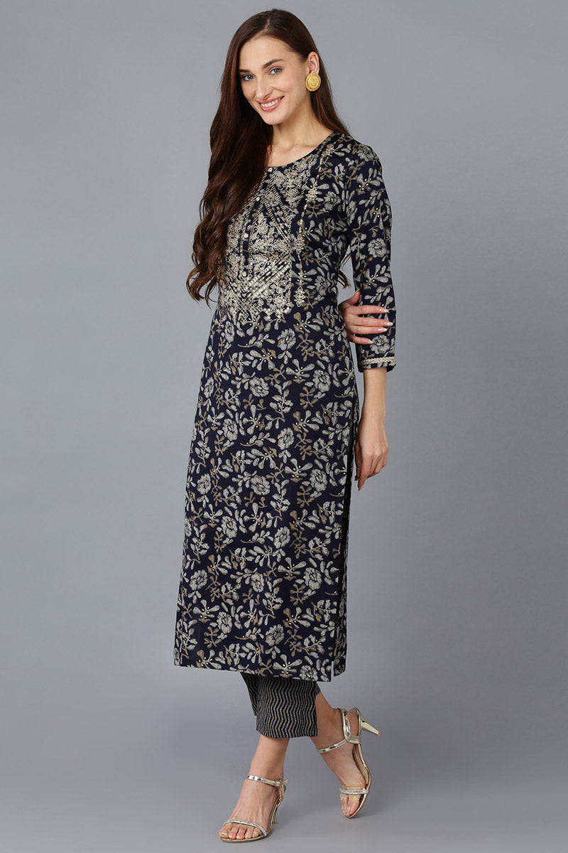 Women's Navy Blue Silk Blend Floral Straight Kurta Trousers With Dupatta - Rasiya - Distacart