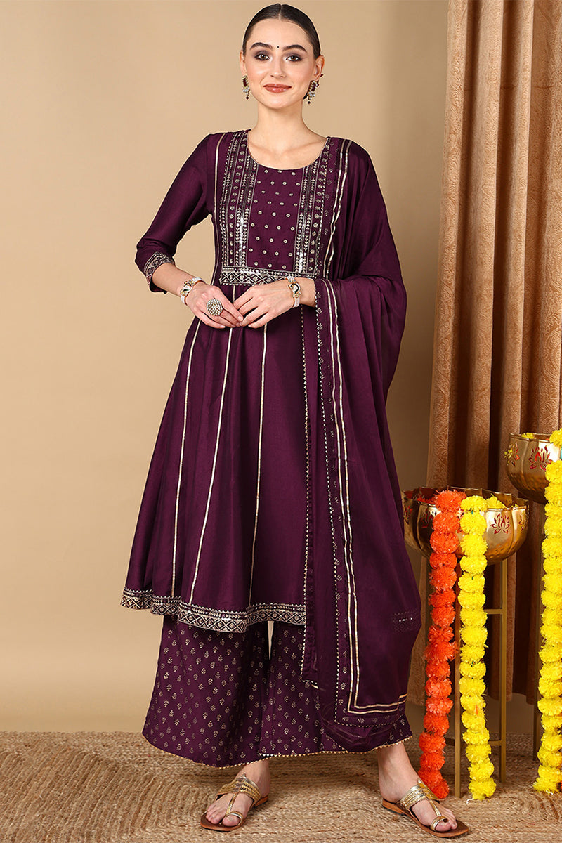 Women's Purple Silk Blend Embroidered Anarkali Suit Set - Rasiya - Distacart