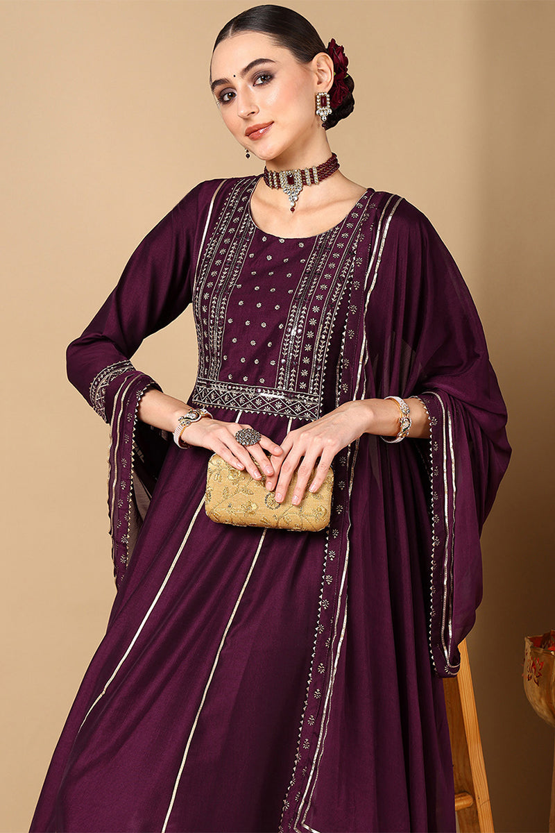 Women's Purple Silk Blend Embroidered Anarkali Suit Set - Rasiya - Distacart