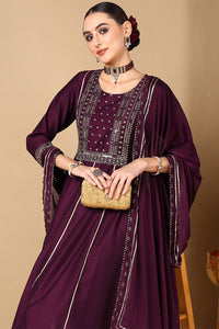 Thumbnail for Women's Purple Silk Blend Embroidered Anarkali Suit Set - Rasiya - Distacart