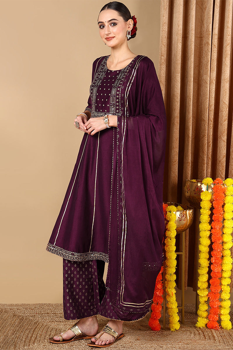 Women's Purple Silk Blend Embroidered Anarkali Suit Set - Rasiya - Distacart