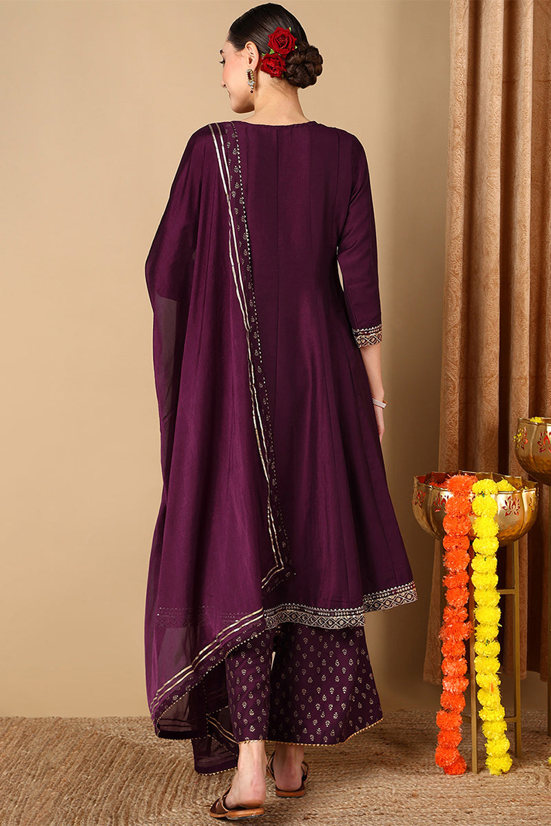 Women's Purple Silk Blend Embroidered Anarkali Suit Set - Rasiya - Distacart