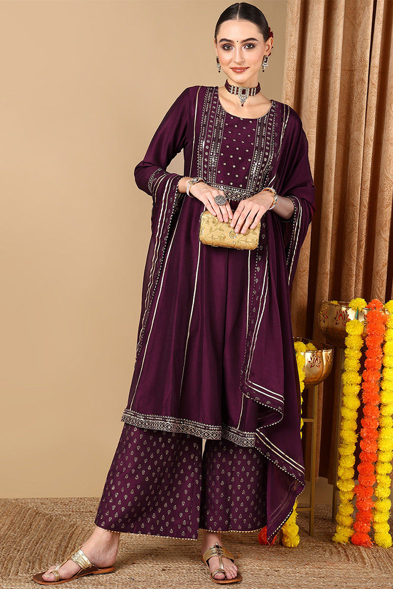 Women's Purple Silk Blend Embroidered Anarkali Suit Set - Rasiya - Distacart