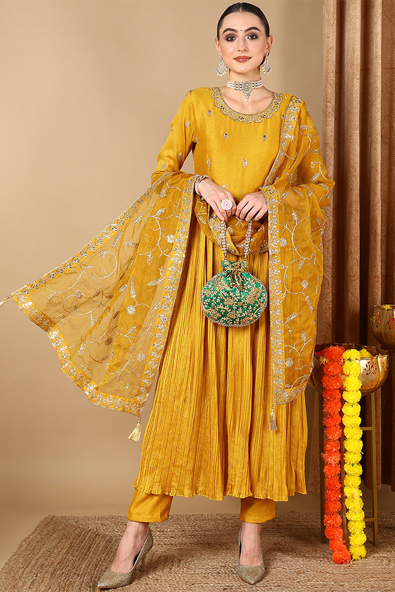 Women's Yellow Silk Blend Embroidered Anarkali Style Suit Set - Rasiya - Distacart