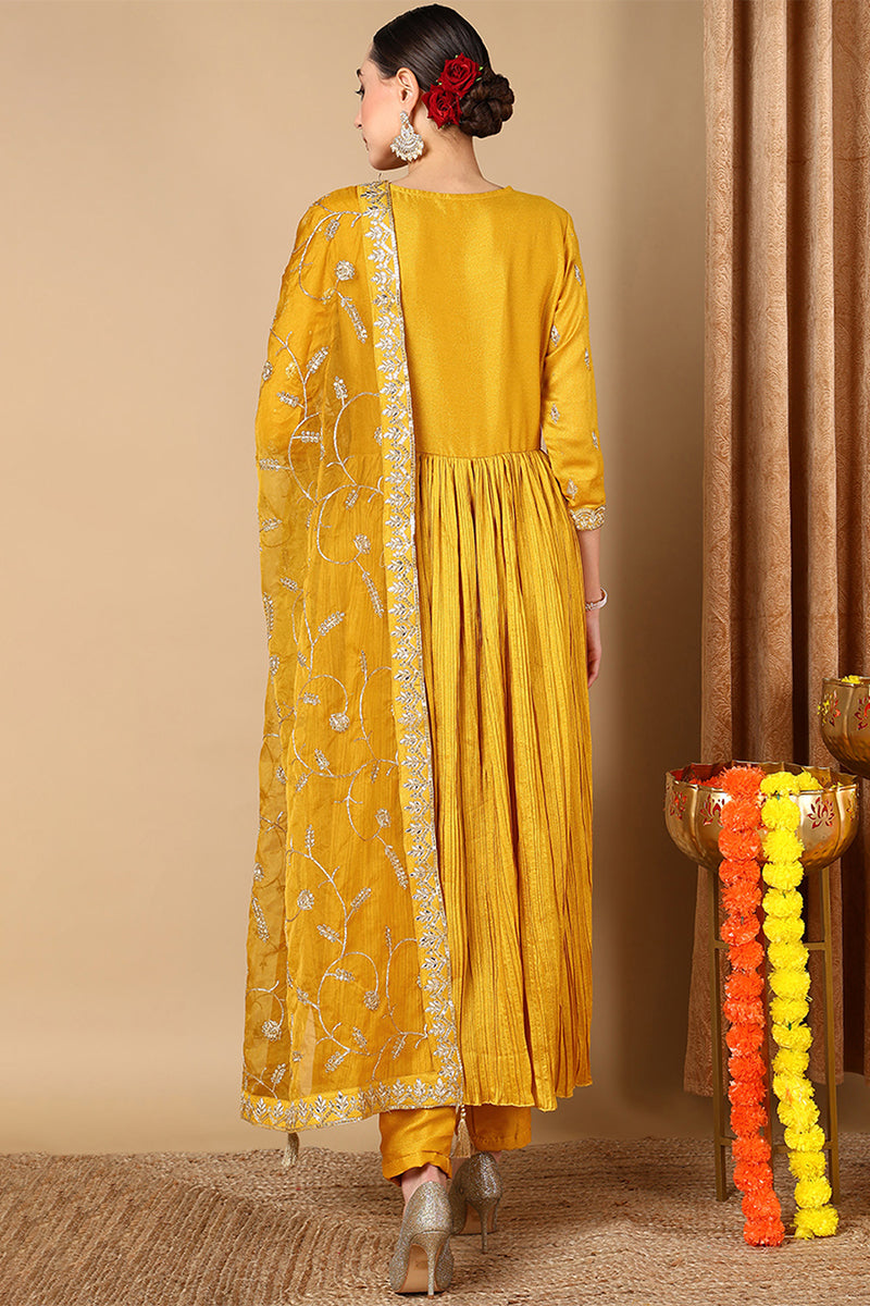 Women's Yellow Silk Blend Embroidered Anarkali Style Suit Set - Rasiya - Distacart